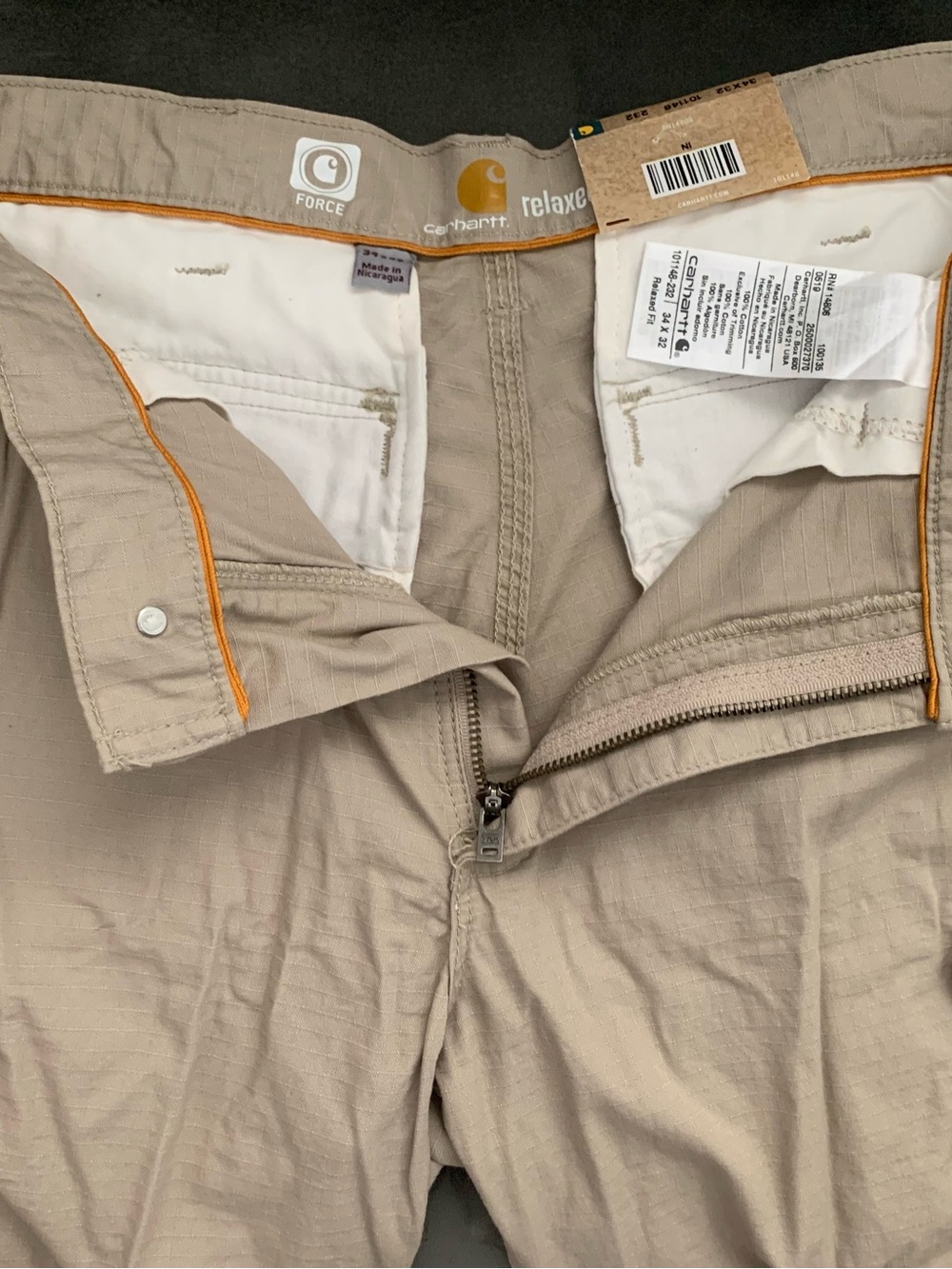 Carhartt Khaki/Tan Ripstop Work Pants with Orange Trim